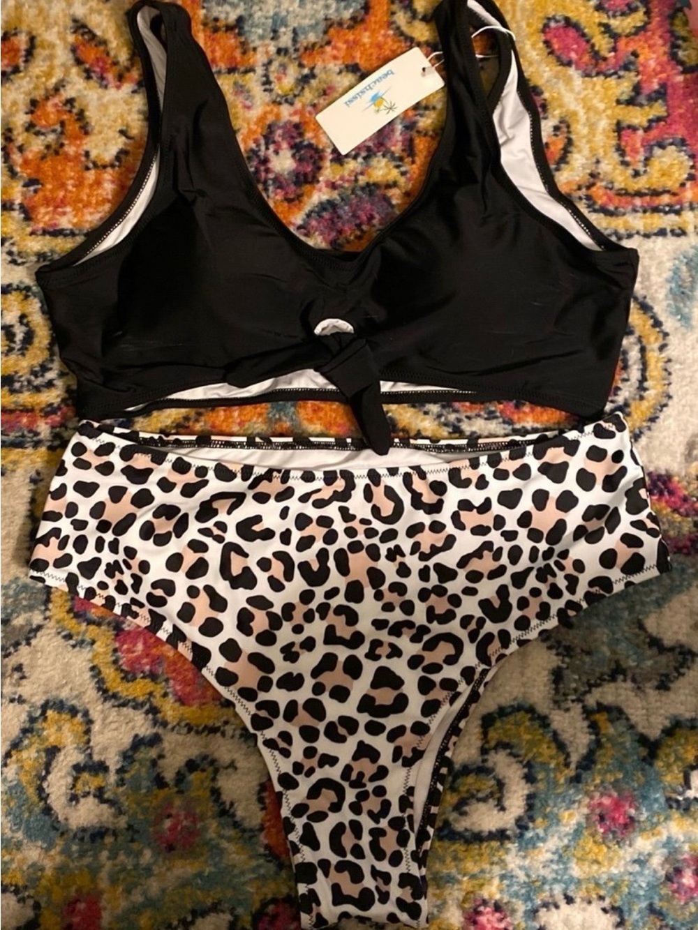 Black Tie-Front Bikini Top with Leopard Print High-Waist Bottom - Women Swim